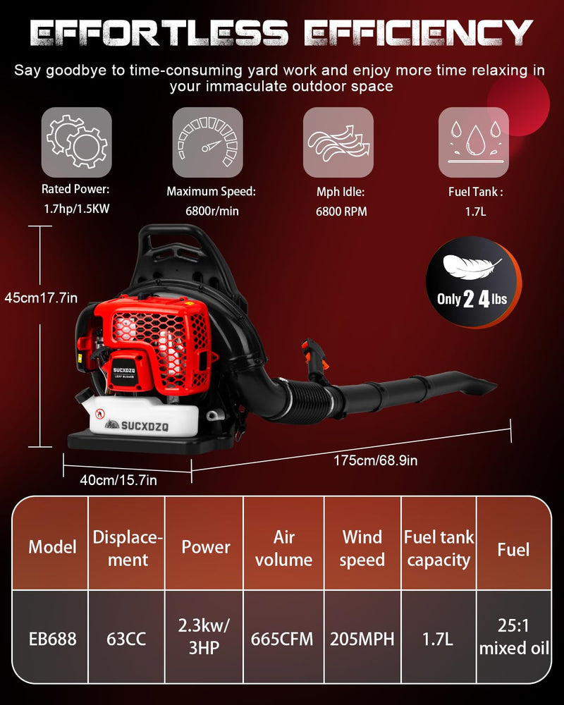 EIDOWA 63CC Gas Backpack Leaf Blower – 665 CFM, 205 MPH, Commercial - Grade Gas Blower for Landscaping, Snow Removal, and Heavy - Duty Yard Work – Lightweight, Quiet for Residential Areas (686 RPO)