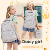 EKUIZAI 3Pcs Daisy Prints Backpack for Girls Bookbag set Primary School Daypack Elementary Students Knapsack with Lunch Box