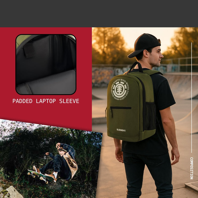 Element Backpack, 15 Inch Laptop Bag, Padded Computer Bag for Commute or Travel, Green