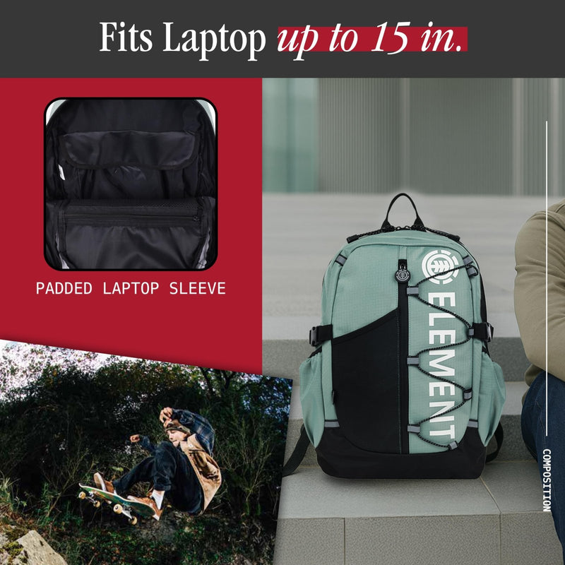 Element Backpack, Vertical Logo Skate Pack, Multi - Compartment Storage, Reflective Bungee Cord, Sage