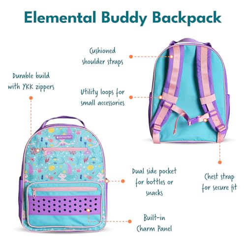 Elemental Kids Backpack for Boys & Girls Ages 5 to 8 – 15" Tall Bag for Kindergarten & Elementary School – Lightweight Bookbag with Adjustable Straps for Kids - Charm Panel & Name Tag - Mermaid