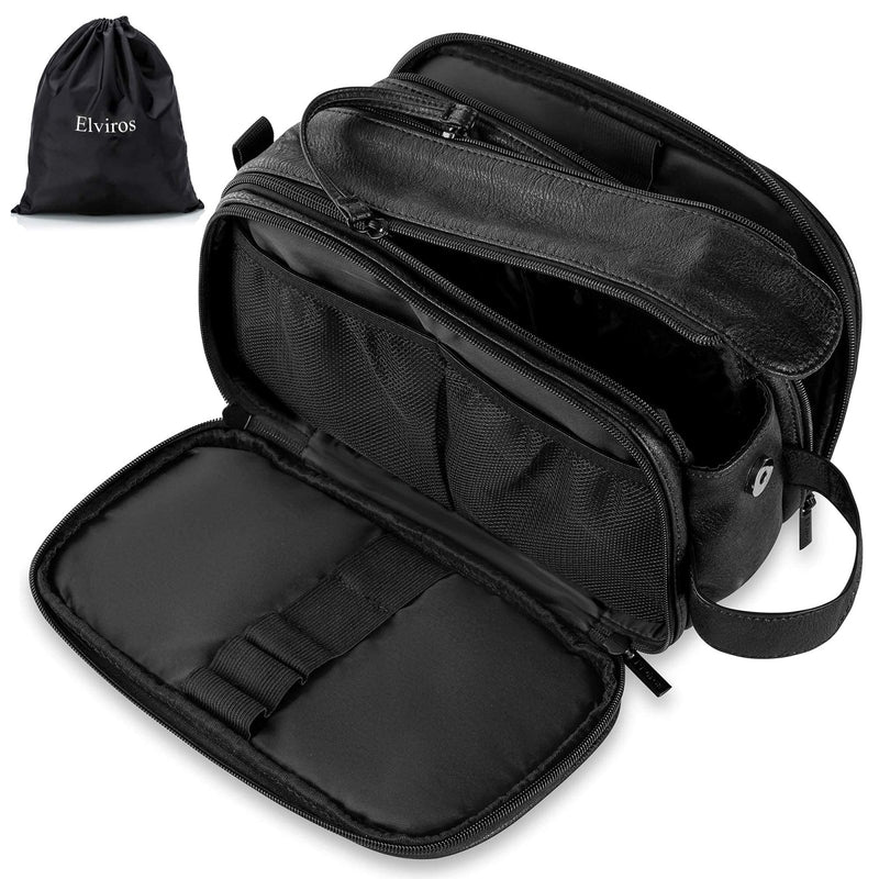 Elviros Toiletry Bag for Men, Large Travel Shaving Dopp Kit Water - resistant Bathroom Toiletries Organizer PU Leather Cosmetic Bags Fathers Day Gift(Medium, Black)