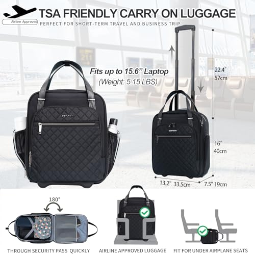 EMPSIGN Underseat Carry On Wheeled - 16" Carry on Bag with Wheels Multi-functional Lightweight Rolling Bag Overnight Weekender Small Suitcase for Women Men Travel Business, Black
