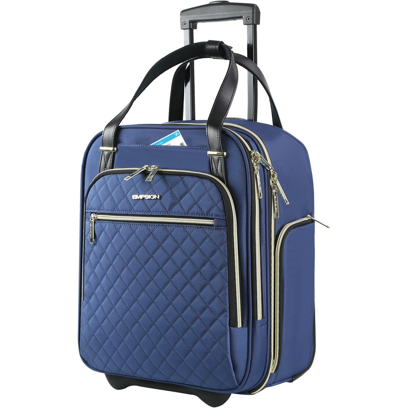 EMPSIGN Underseat Carry On Wheeled - 16" Carry on Bag with Wheels Multi - functional Lightweight Rolling Bag Overnight Weekender Small Suitcase for Women Men Travel Business, Haze Blue - Gold Zipper