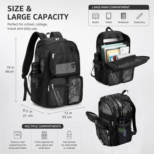 enttgo Heavy Duty Mesh Backpack for School Mesh Bookbag See Through for Beach, Travel(Black-L)