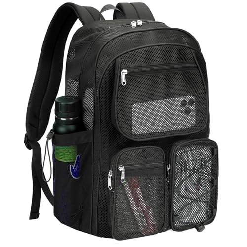 enttgo Heavy Duty Mesh Backpack for School Mesh Bookbag See Through for Beach, Travel(Black-L)