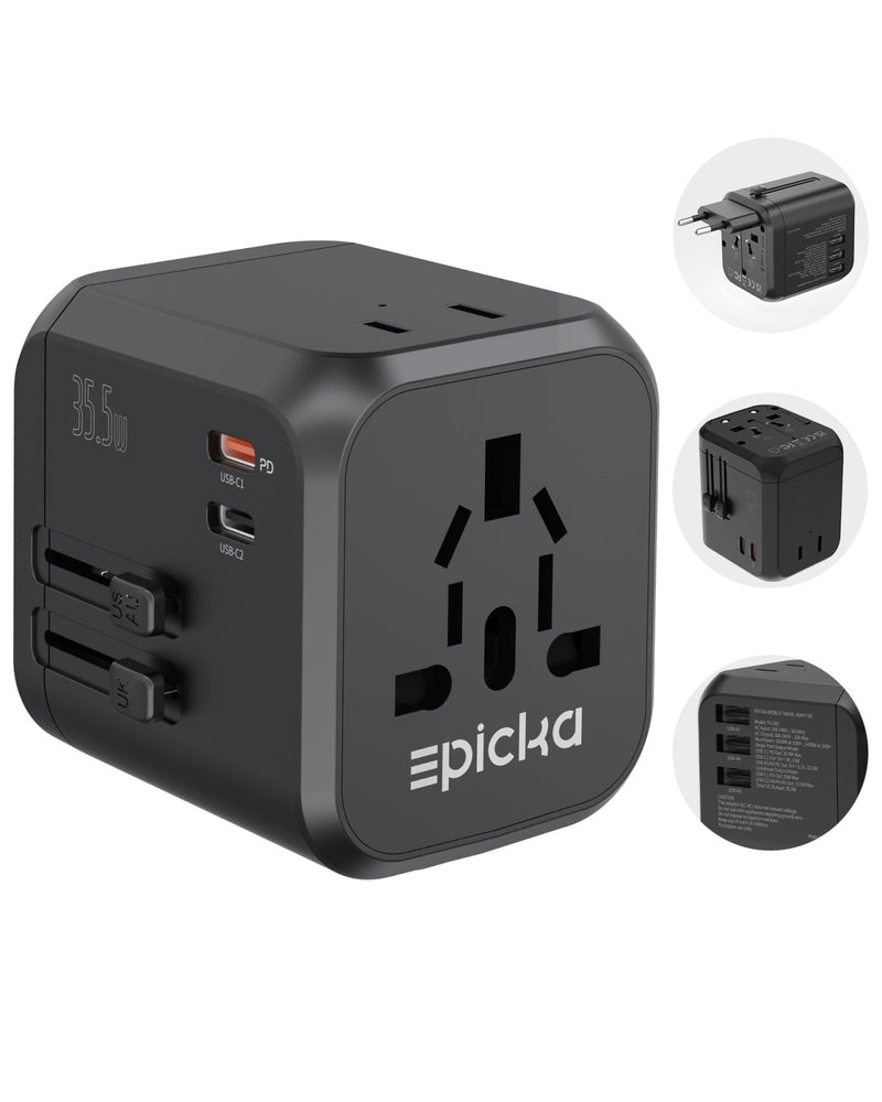 EPICKA 35W Universal Travel Adapter with 2 AC Outlet, European Travel Plug Adapter with PD Fast Charging, 6 - Port (2 AC/2 USB - C/3 USB - A) International Power Adapter - Travel Essentials (TA - 205, Black)