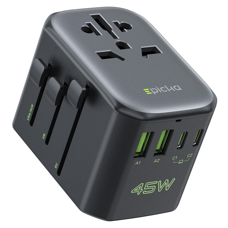 EPICKA Pulse 45W International Power Adapter, Universal Travel Adapter with PD Fast Charging, 5 - Port (1 AC/2 USB - A/2 USB - C) European Travel Plug Adapter, Travel Essentials (Black)