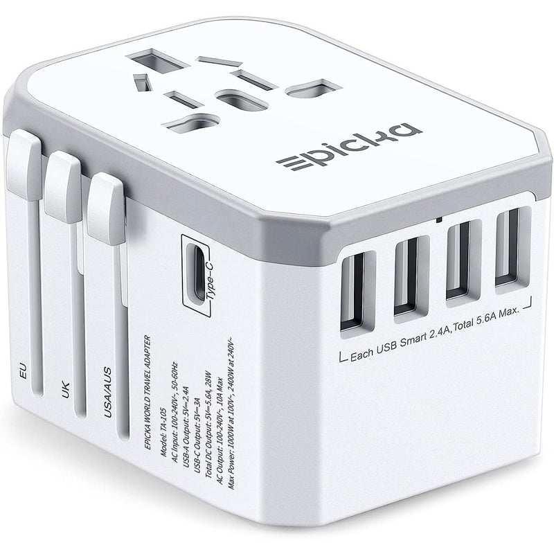 EPICKA Universal Travel Adapter, European Travel Plug Adapter - International Power Adapter Worldwide Charger with USB - C & 4 USB - A Ports, Travel Essentials for Italy, Japan, Europe, UK (TA - 105, White)