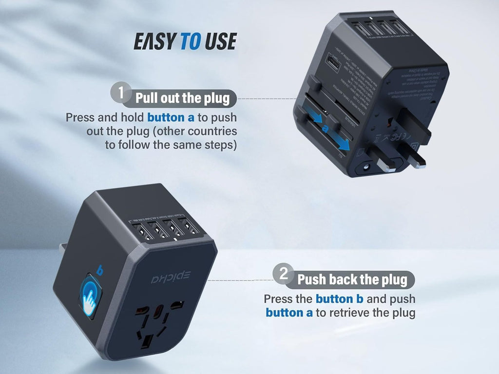 EPICKA Universal Travel Adapter, European Travel Plug Adapter (Not a Voltage Converter) - International Power Adapter Worldwide Charger with USB - C & 4 USB - A Ports, Travel Essentials (TA - 105, Grey)