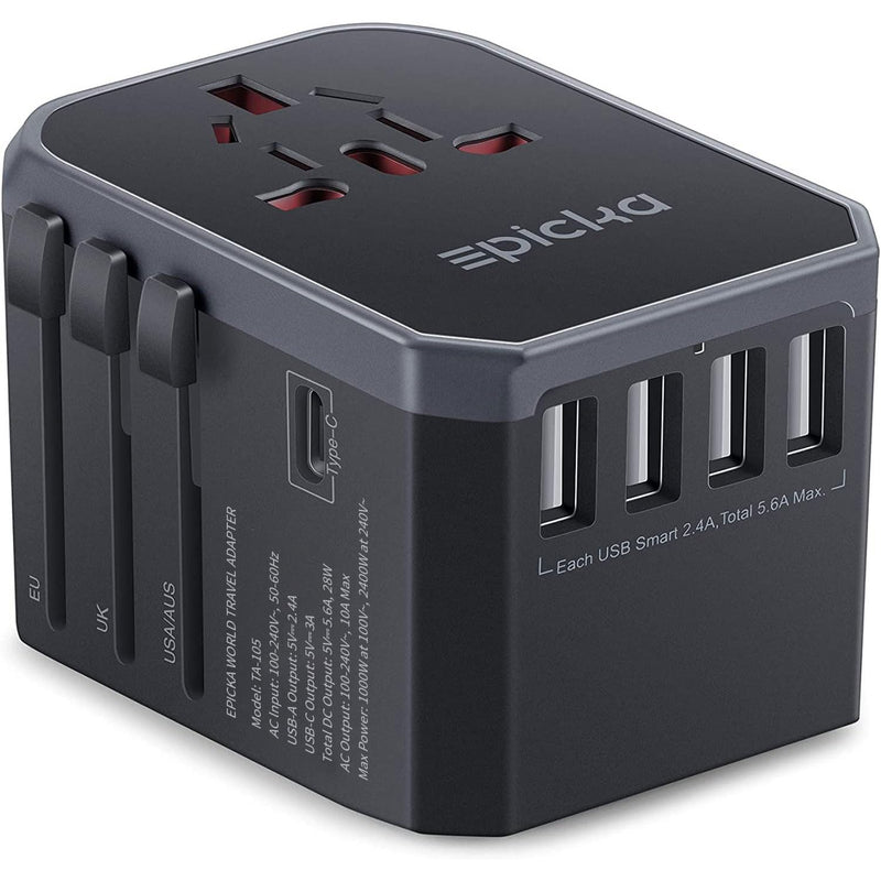 EPICKA Universal Travel Adapter, European Travel Plug Adapter (Not a Voltage Converter) - International Power Adapter Worldwide Charger with USB - C & 4 USB - A Ports, Travel Essentials (TA - 105, Grey)