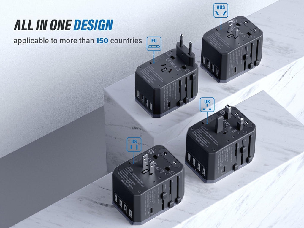 EPICKA Universal Travel Adapter, European Travel Plug Adapter (Not a Voltage Converter) - International Power Adapter Worldwide Charger with USB - C & 4 USB - A Ports, Travel Essentials (TA - 105, Grey)
