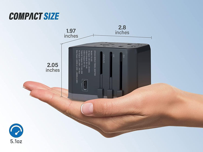 EPICKA Universal Travel Adapter, European Travel Plug Adapter (Not a Voltage Converter) - International Power Adapter Worldwide Charger with USB - C & 4 USB - A Ports, Travel Essentials (TA - 105, Grey)
