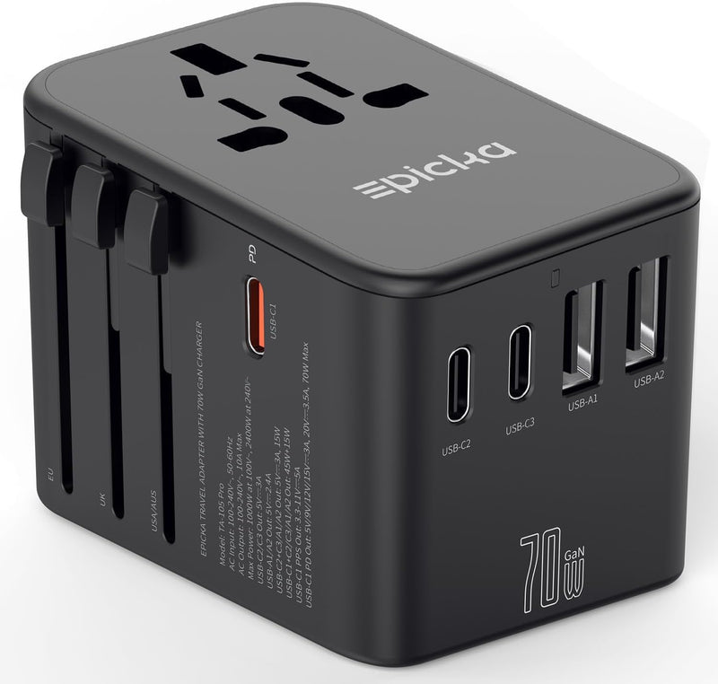 EPICKA Universal Travel Adapter, GaN International Plug Adapter with 3 USB - C 70W PD Fast Charging & 2 USB - A Adaptor All - in - one Wall Charger for USA EU UK AUS (TA - 105 Pro, Black)