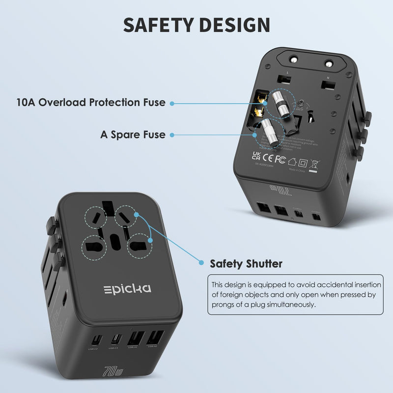 EPICKA Universal Travel Adapter, GaN International Plug Adapter with 3 USB - C 70W PD Fast Charging & 2 USB - A Adaptor All - in - one Wall Charger for USA EU UK AUS (TA - 105 Pro, Black)
