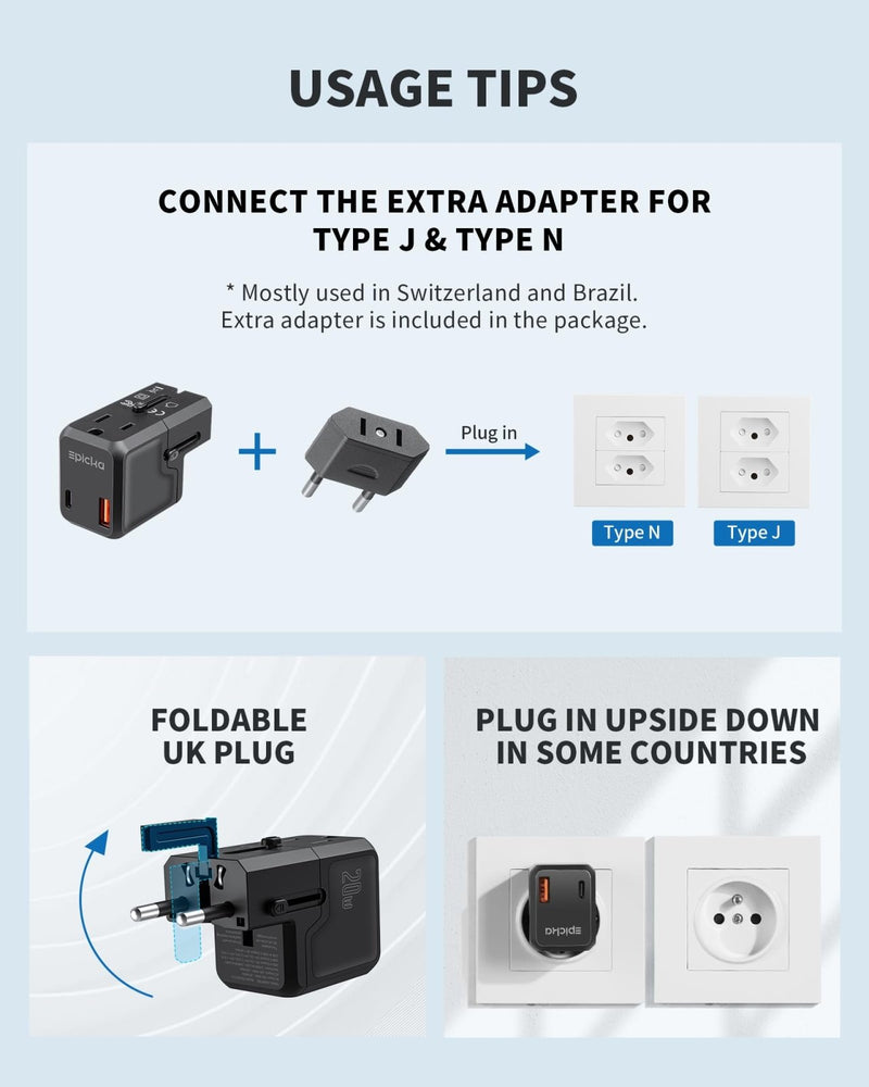 EPICKA Universal Travel Adapter, International Plug Adapter Wall Charger with 20W USB - C PD & USB - A QC, All - in - One Pocket Size Adapter for USA EU UK AUS (Pocket 111, Black)