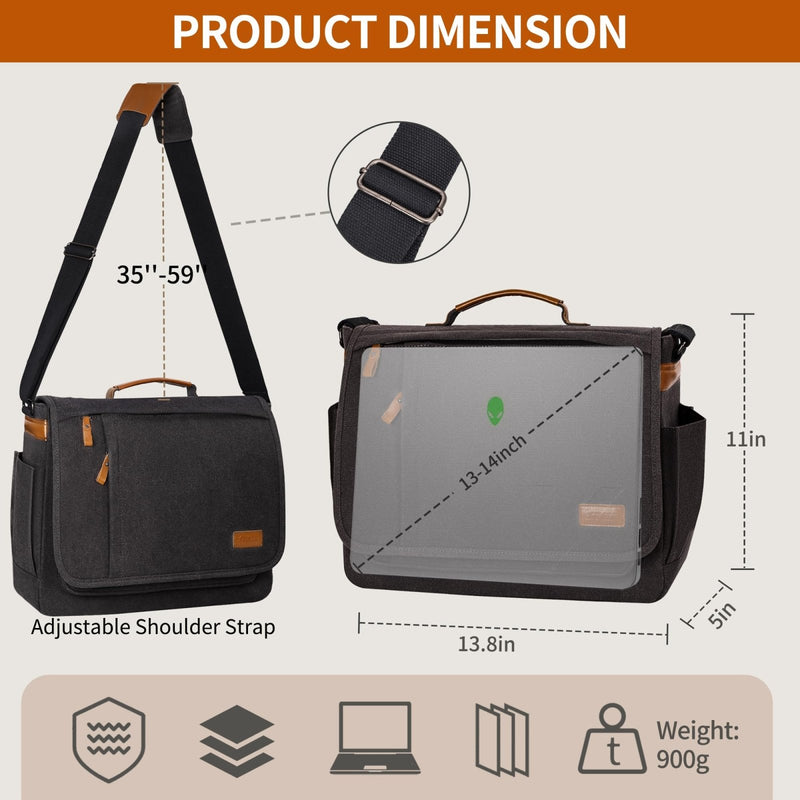 ESTARER 13 - 14 Inch Laptop Messenger Bag Water - Resistant Canvas Shoulder Bag for Business College, Grey