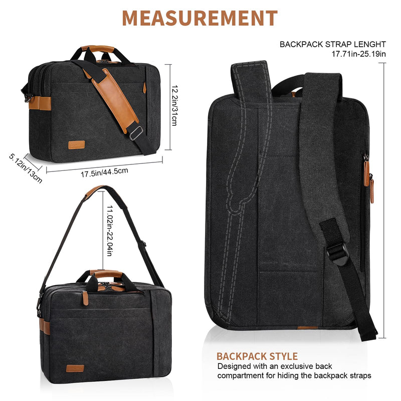 ESTARER 3 In 1 Laptop Bag for Men, 17 - 17.3 Inch Computer Bag Laptop Backpack for Work/Travel/Business, Convertible Briefcase Water Resistant Canvas Messenger Bag (Dark Grey)