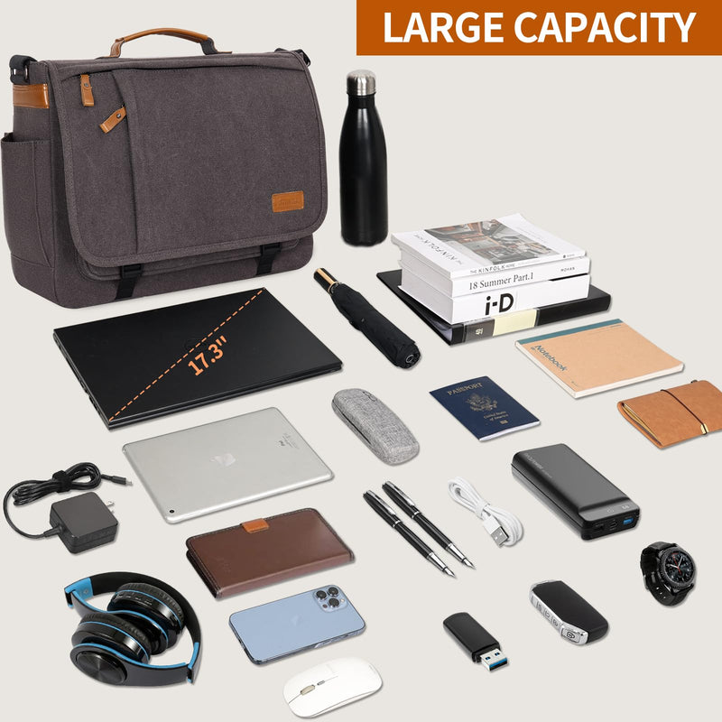 ESTARER Men Messenger Bag 17 - 17.3 Inch Laptop Bag Water - resistant Canvas Computer Shoulder Bag Briefcase for Work College Travel, Grey