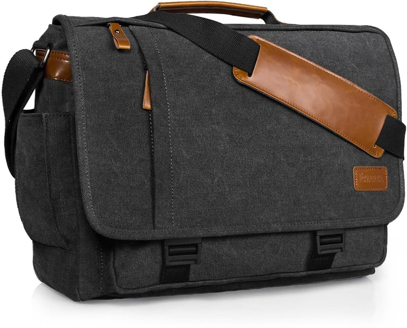 ESTARER Messenger Bag 17 - 17.3 Inch, Men's Computer Satchel Water - resistant Canvas, Teacher Laptop Briefcase for Work Office College, Dark Grey