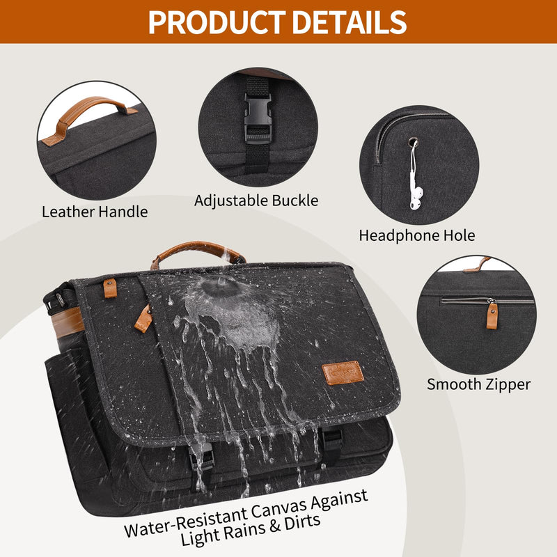 ESTARER Messenger Bag 17 - 17.3 Inch, Men's Computer Satchel Water - resistant Canvas, Teacher Laptop Briefcase for Work Office College, Dark Grey