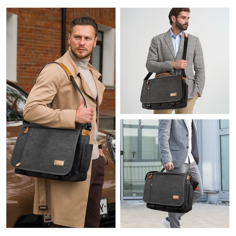 ESTARER Messenger Bag 17.3 Inch, Mens Computer Bag for Teacher/College/Work/Travel, Water - resistant Canvas Laptop Bag Satchel Briefcase, Dark Grey