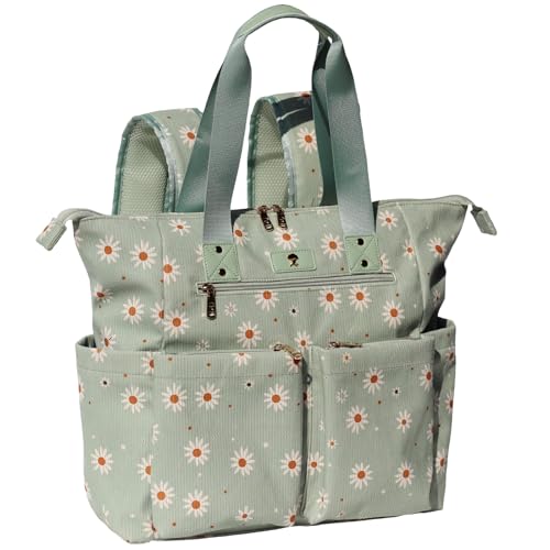 ESVAN Diaper Tote Bag Totepack Backpack 2 in 1 for Women Multifunctional Large Capacity with Insulated Pockets Travel (Corduroy matcha daisy)