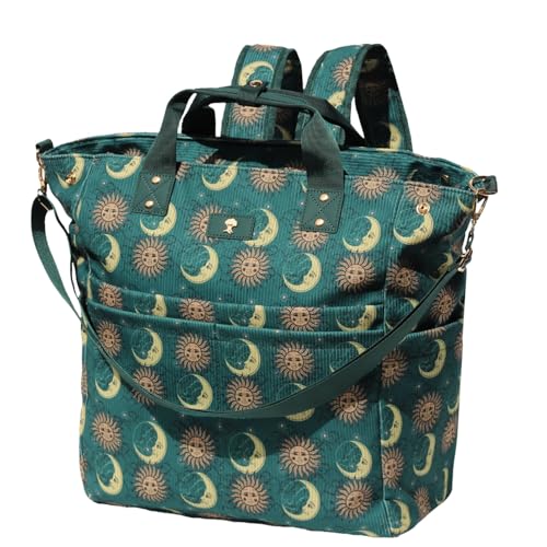 ESVAN Diaper Tote Bag Totepack Backpack Crossbody Bag 3 in 1 for Women Laptop Backpack Multifunctional with Insulated Pockets (Corduroy Dark Green Moon)