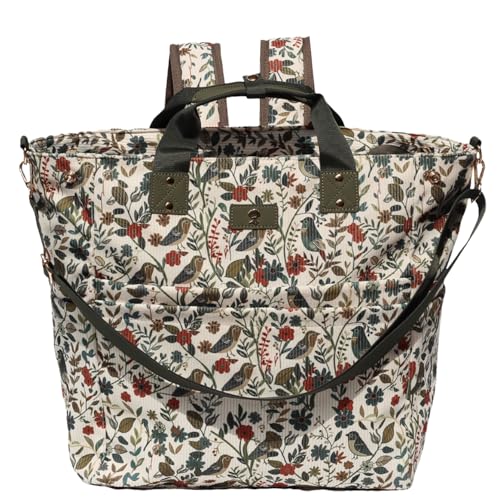 ESVAN Diaper Tote Bag Totepack Backpack Crossbody Bag 3 in 1 for Women Laptop Backpack Multifunctional with Insulated Pockets (Corduroy Leaf Bird)