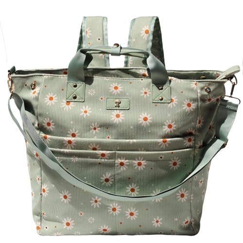 ESVAN Diaper Tote Bag Totepack Backpack Crossbody Bag 3 in 1 for Women Laptop Backpack Multifunctional with Insulated Pockets (Corduroy Matcha Daisy)