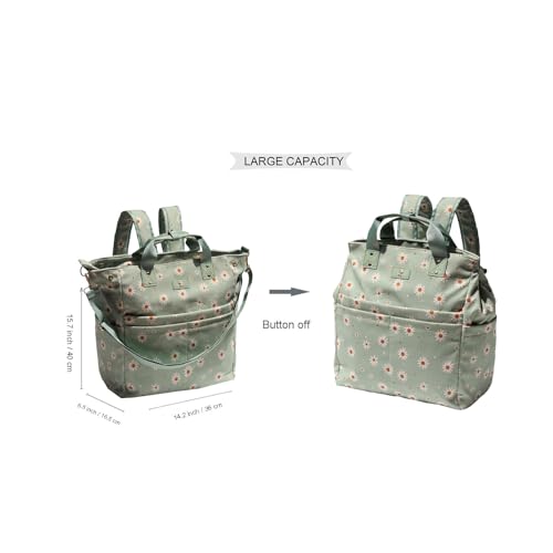 ESVAN Diaper Tote Bag Totepack Backpack Crossbody Bag 3 in 1 for Women Laptop Backpack Multifunctional with Insulated Pockets (Corduroy Matcha Daisy)