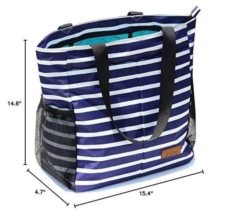 ESVAN Original Floral Water Resistant Tote Bag Large Shoulder Bag with Multi Pockets for Gym Hiking Picnic Travel Beach Daily Bags (Blue - white - flower)