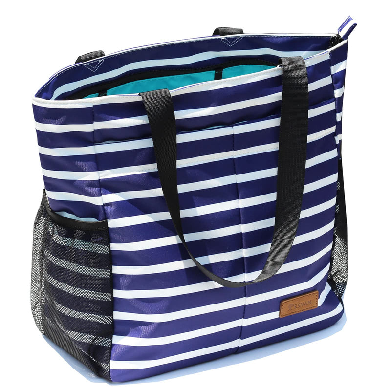 ESVAN Original Floral Water Resistant Tote Bag Large Shoulder Bag with Multi Pockets for Gym Hiking Picnic Travel Beach Daily Bags (Blue - white - flower)
