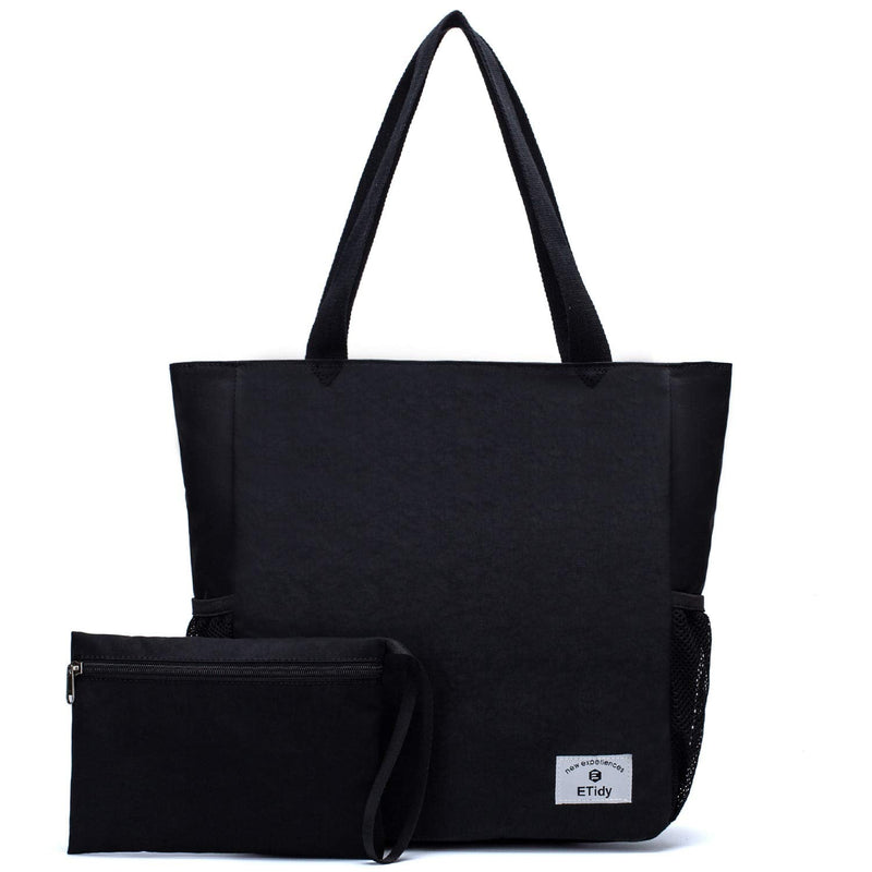 ETidy Large Capacity Foldable Tote Bag With Zipper Water - resistant Sandproof Women Beach Bag Handbag Gym Bag Travel Shopping Bag(Black)
