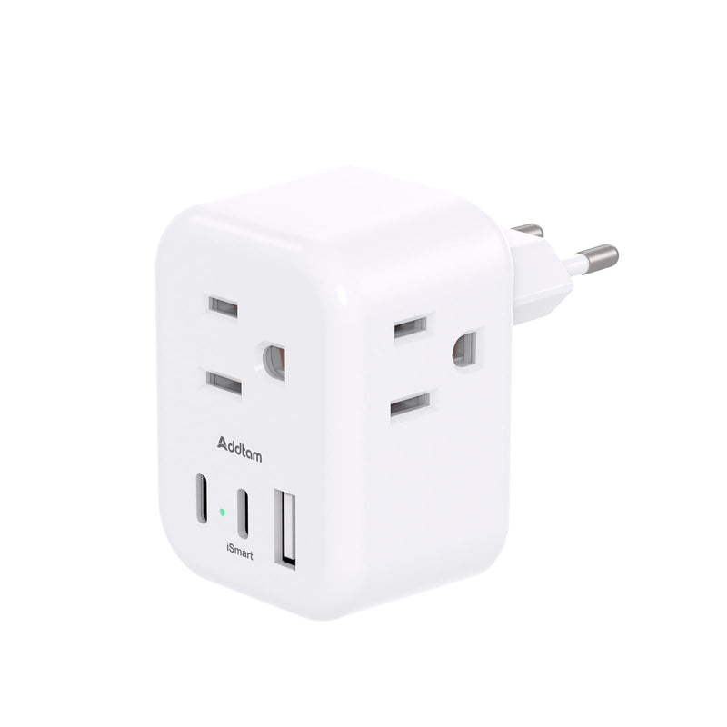 European Travel Plug Adapter, Addtam International Power Adapter with 3 Outlets 3 USB Charging Ports(2 USB C), Type C Adapter Travel Essentials to Most Europe EU Spain Italy France