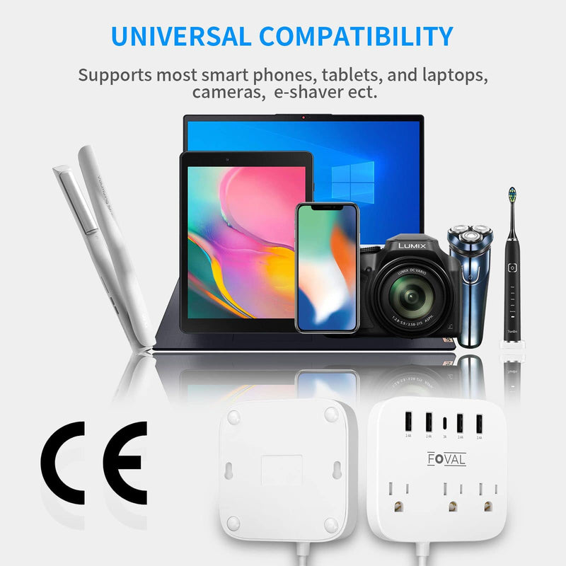 European Travel Plug Adapter, FOVAL EU UK US Power Strip with USB C and 4 USB Ports, 3 AC Outlets, Wall Mountable, 5ft Extension Cord, Compact for Travel, Cruise Ship, Home Office (White)