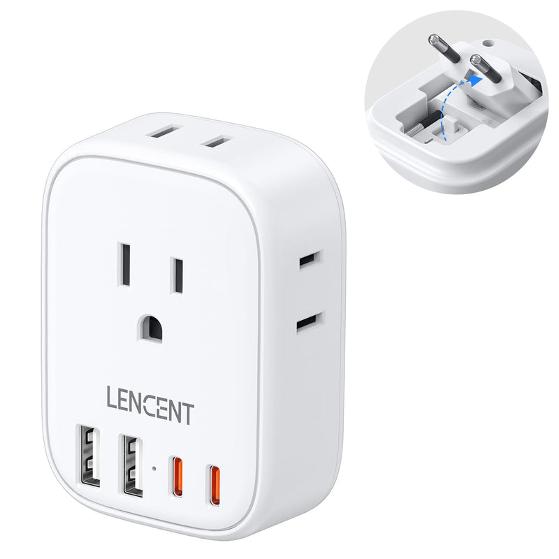 European Travel Plug Adapter, LENCENT US to Europe Type - C Foldable Power Plug with 4 Outlets 4 USB Ports (2 USB C), Power Adaptor for USA to EU Euro Iceland Spain Italy France Germany Greece Portugal