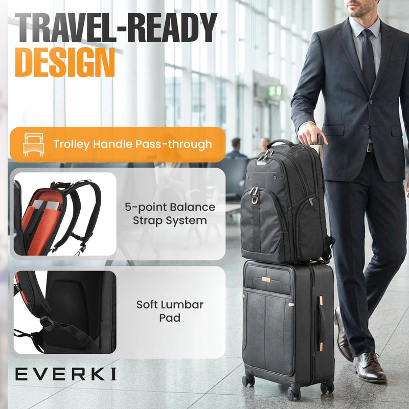 EVERKI Atlas Business 32L Laptop Backpack – Travel - Friendly Business & Office, Professional Backpack for Men & Women, Durable Computer Bag with Adjustable Padded Compartment, Fits 13" - 17.3", Black