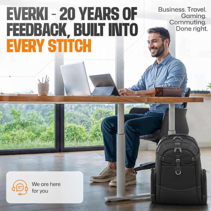 EVERKI Business 120 Pro 2 Laptop Backpack 40L W/Rain Cover Mesh Accessories Pouch & Quick Release Magnetic Keychain - 2 Travel Laptop Compartments Fit Up To 18.4"RFID Pocket Patented Corner Protection