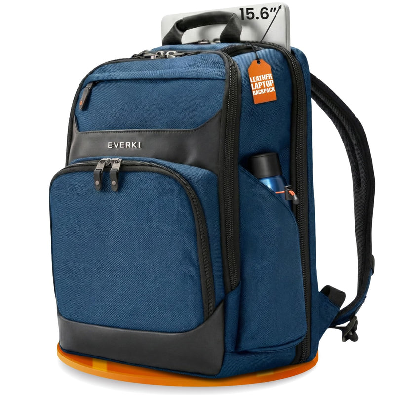 EVERKI Onyx Premium Business Executive Laptop Backpack - Ballistic Nylon and Leather Office Backpack Laptop Bag, Travel Friendly Office Bagpack, Dedicated Compartment up to 15.6 Inch (EKP132N), Navy