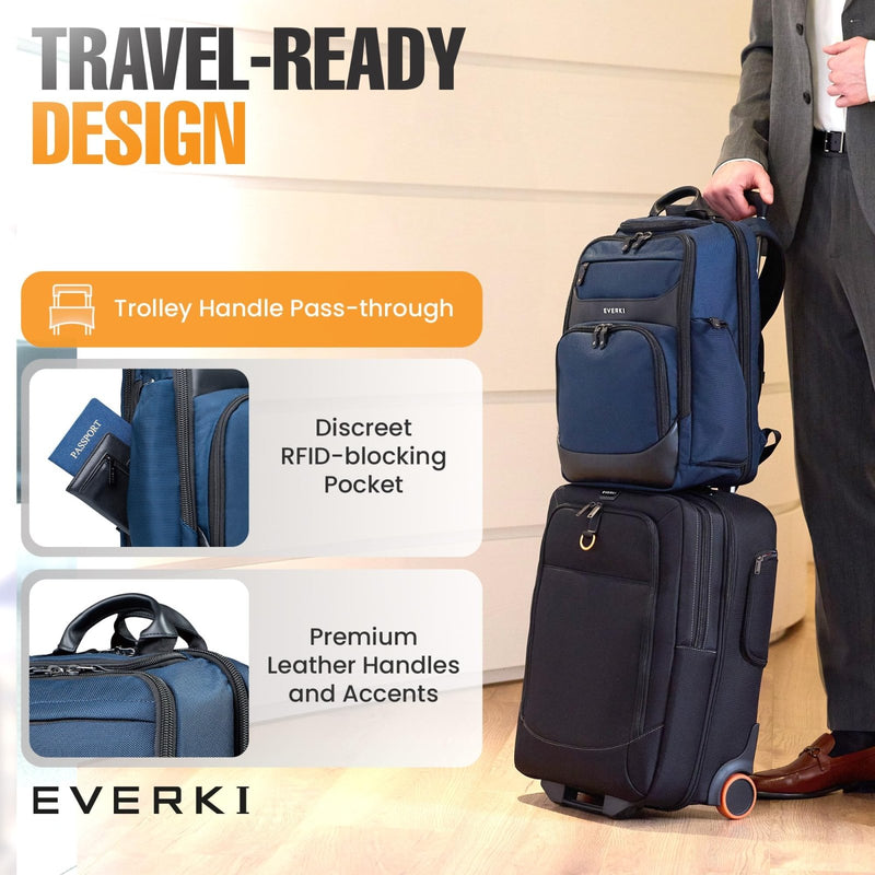 EVERKI Onyx Premium Business Executive Laptop Backpack - Ballistic Nylon and Leather Office Backpack Laptop Bag, Travel Friendly Office Bagpack, Dedicated Compartment up to 15.6 Inch (EKP132N), Navy