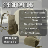 Exos Gear Waxed Canvas Backpack – 20L Bag with Laptop Sleeve & Leather Pulls – Water - Resistant for Work or Travel (Antique Olive - 12oz Waxed Canvas)
