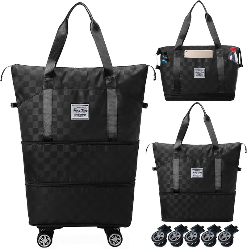 Expandable Foldable Duffel Bag Suitcases,Detachable Rolling Wheels,Rolling Duffle Bag with Wheels,Suitcase with Wheel,Carry on Luggage,Gift for Men Women Lightweight Suitcases (Black)
