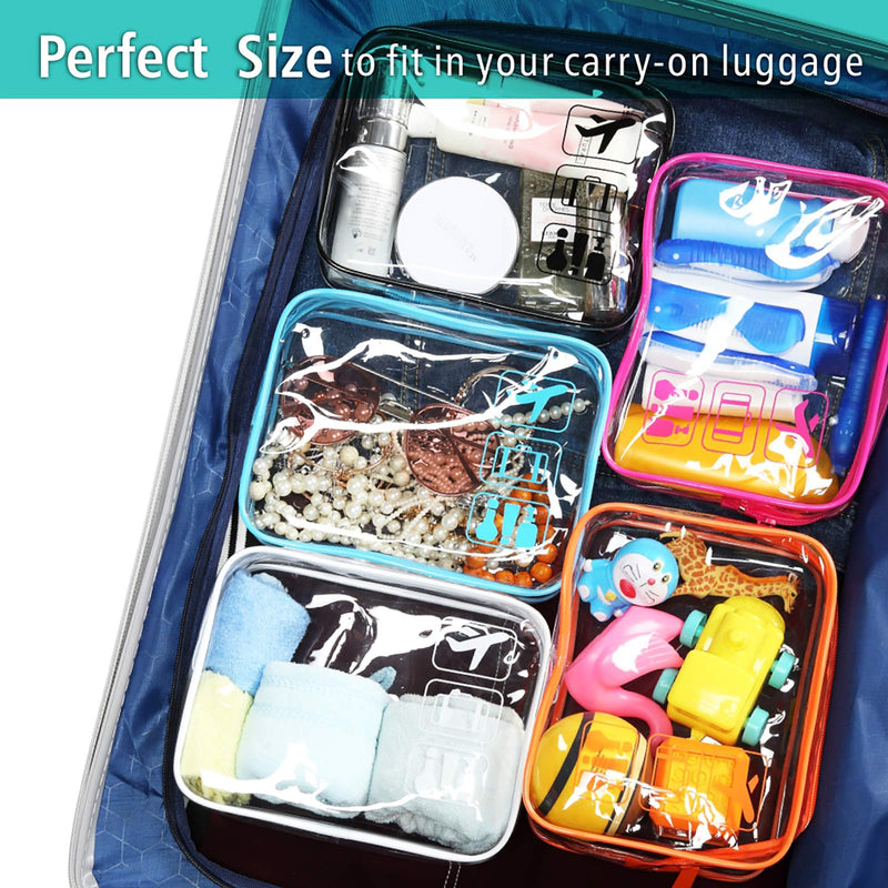 F - color TSA Approved Toiletry Bag 5 Pack Medium - Clear Makeup Bag Travel Quart Size for Women Men, Clear Cosmetic Bag Airport Airline Compliant Carry on Bag, 5 Colors