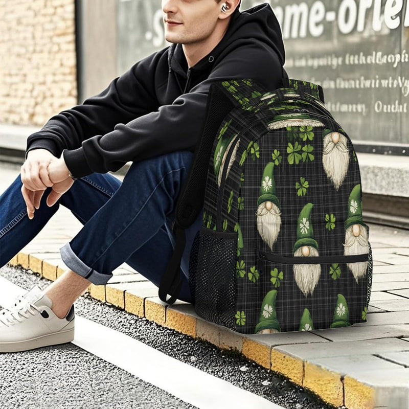 Fabpuro School Backpack for Teens Girls Boys St.patrick's Day Gnomes On Green Tartan Students Bookbag Middle High School College Bags, Waterproof Casual Daypack Laptop Backpacks for Women Men Travel