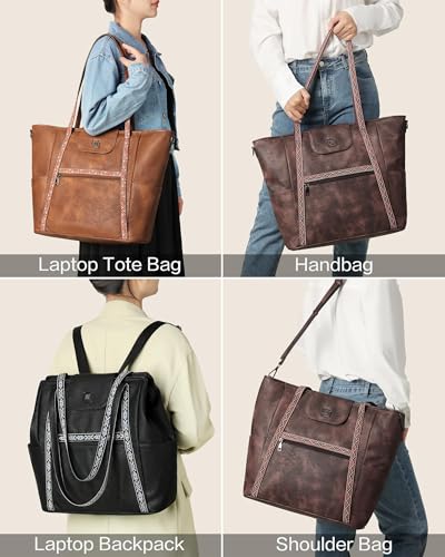 FADEON Large Laptop Tote Bag for Women Designer Leather Laptop Bag Fashion Travel Backpack Purse Shoulder Handbag Brown
