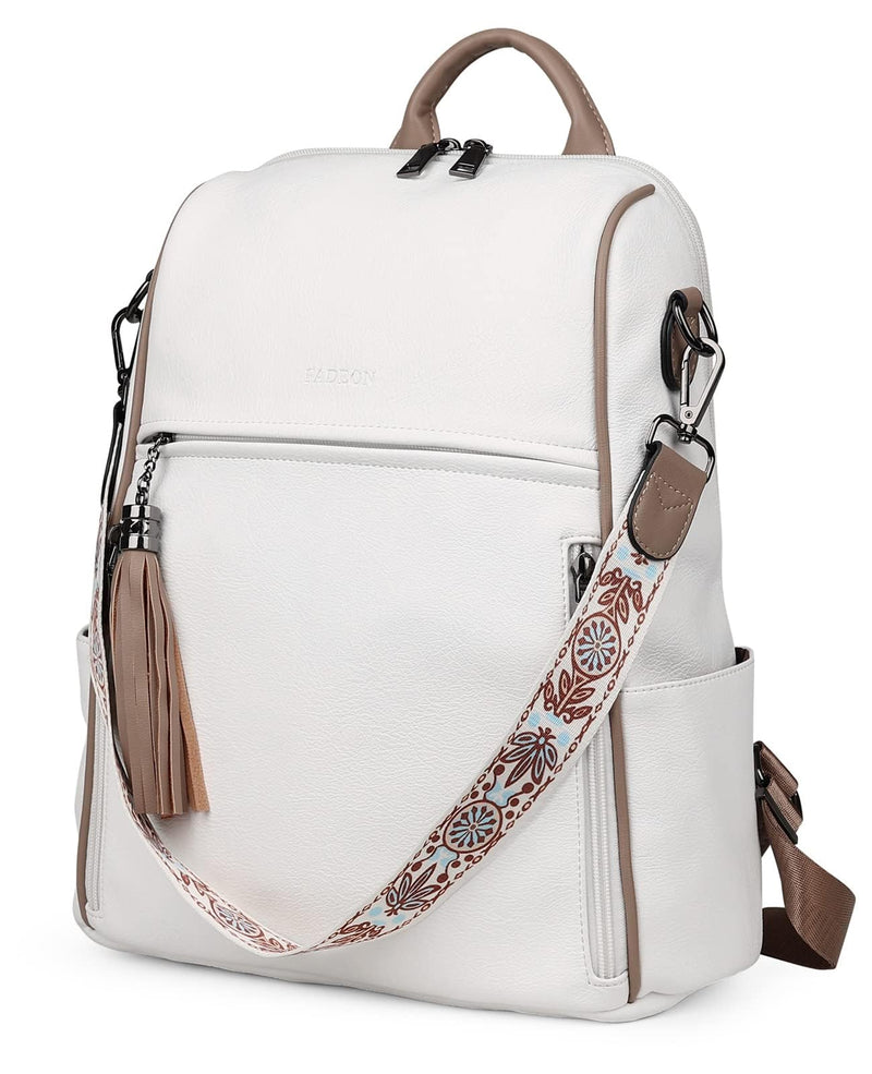 FADEON Leather Backpack Purse for Women Designer Travel Backpack Purses PU Fashion Ladies Shoulder Bag with Tassel White