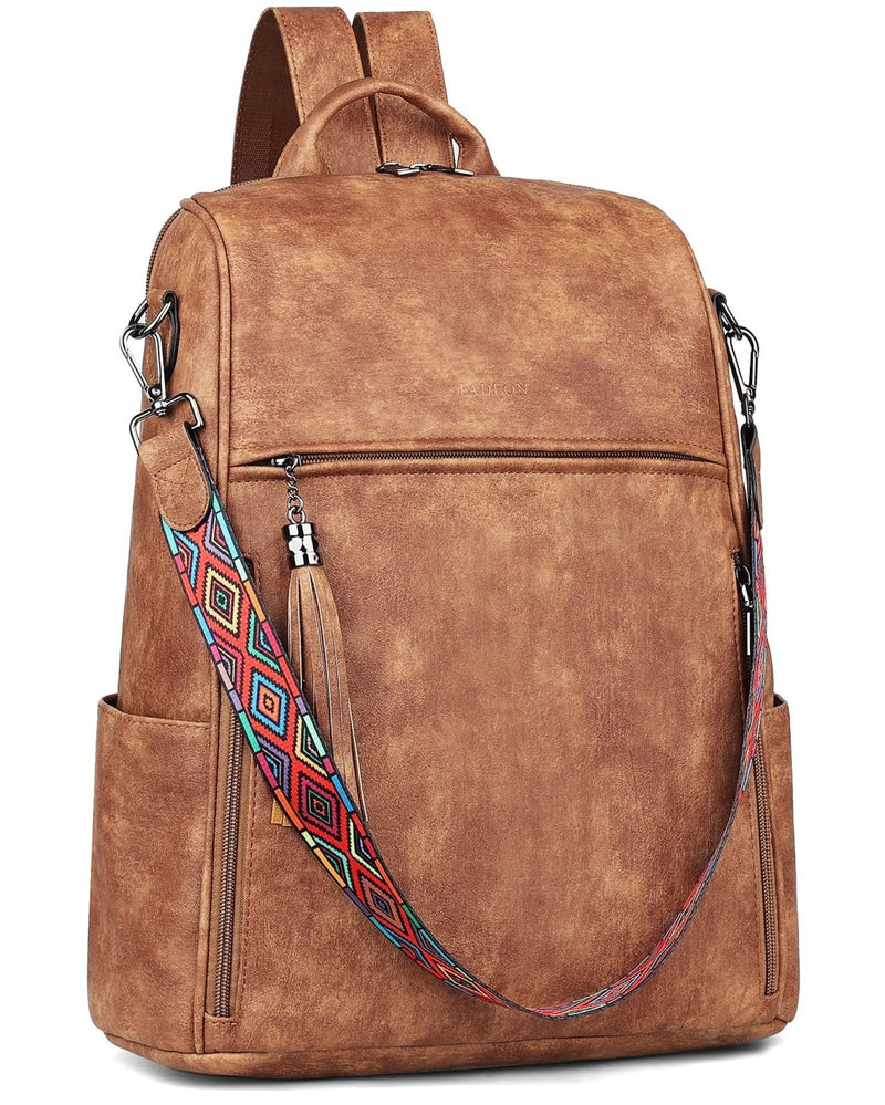 FADEON Leather Laptop Backpack for Women Designer 15.6 inch PU Laptop Bag, Ladies Travel Computer Work Backpack Brown