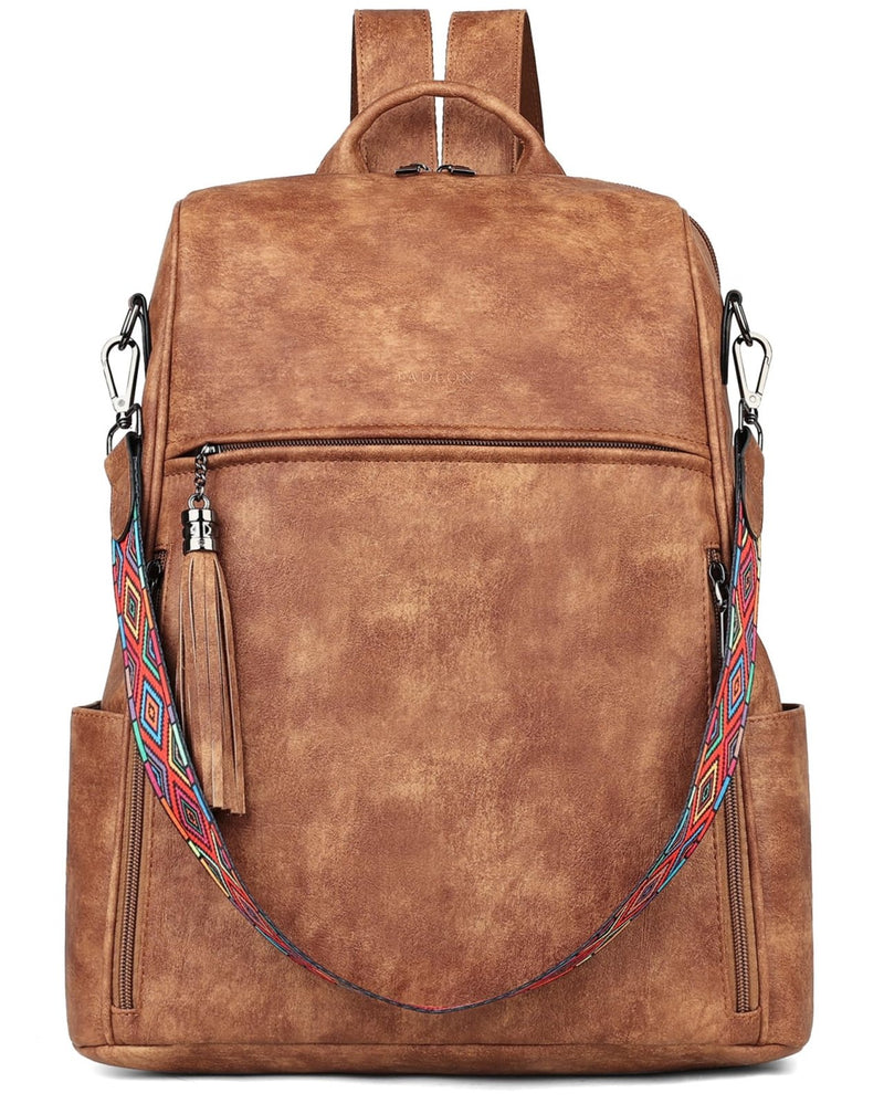 FADEON Leather Laptop Backpack for Women Designer 15.6 inch PU Laptop Bag, Ladies Travel Computer Work Backpack Brown