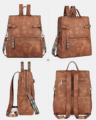 FADEON Leather Laptop Backpack for Women, Designer Ladies Work Travel Computer Backpack with Laptop Compartment Purse Brown